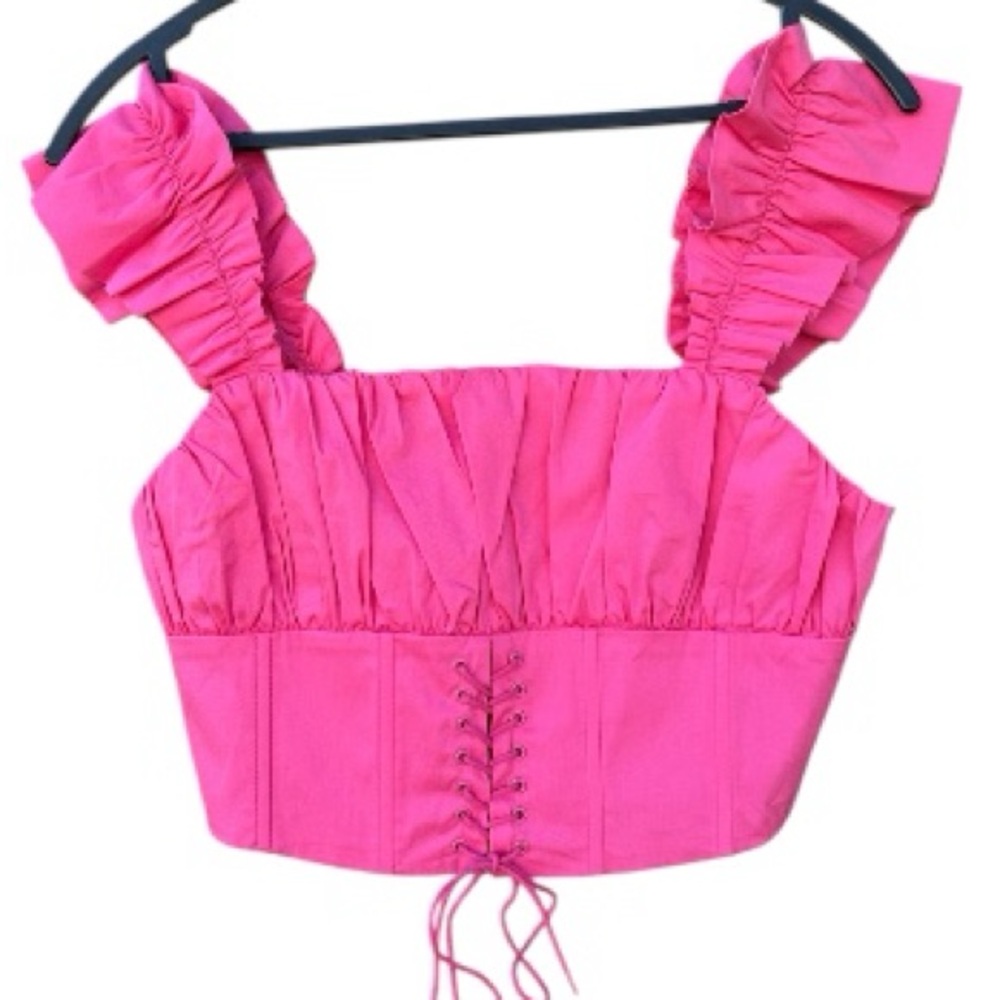 Forever 21 Pink Corset Crop Top Lace Up Ruffle Milkmaid Coquette M - Picture 2 of 7